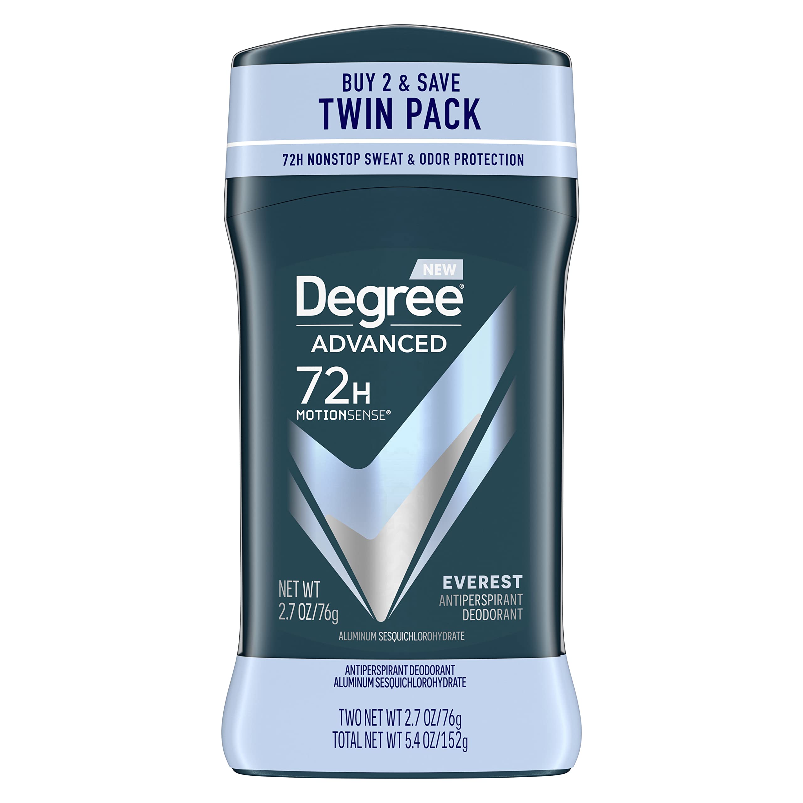 Degree Men Antiperspirant Deodorant 72-Hour Sweat and Odor Protection Everest Antiperspirant For Men With MotionSense Technology 2.7 oz, Twin Pack
