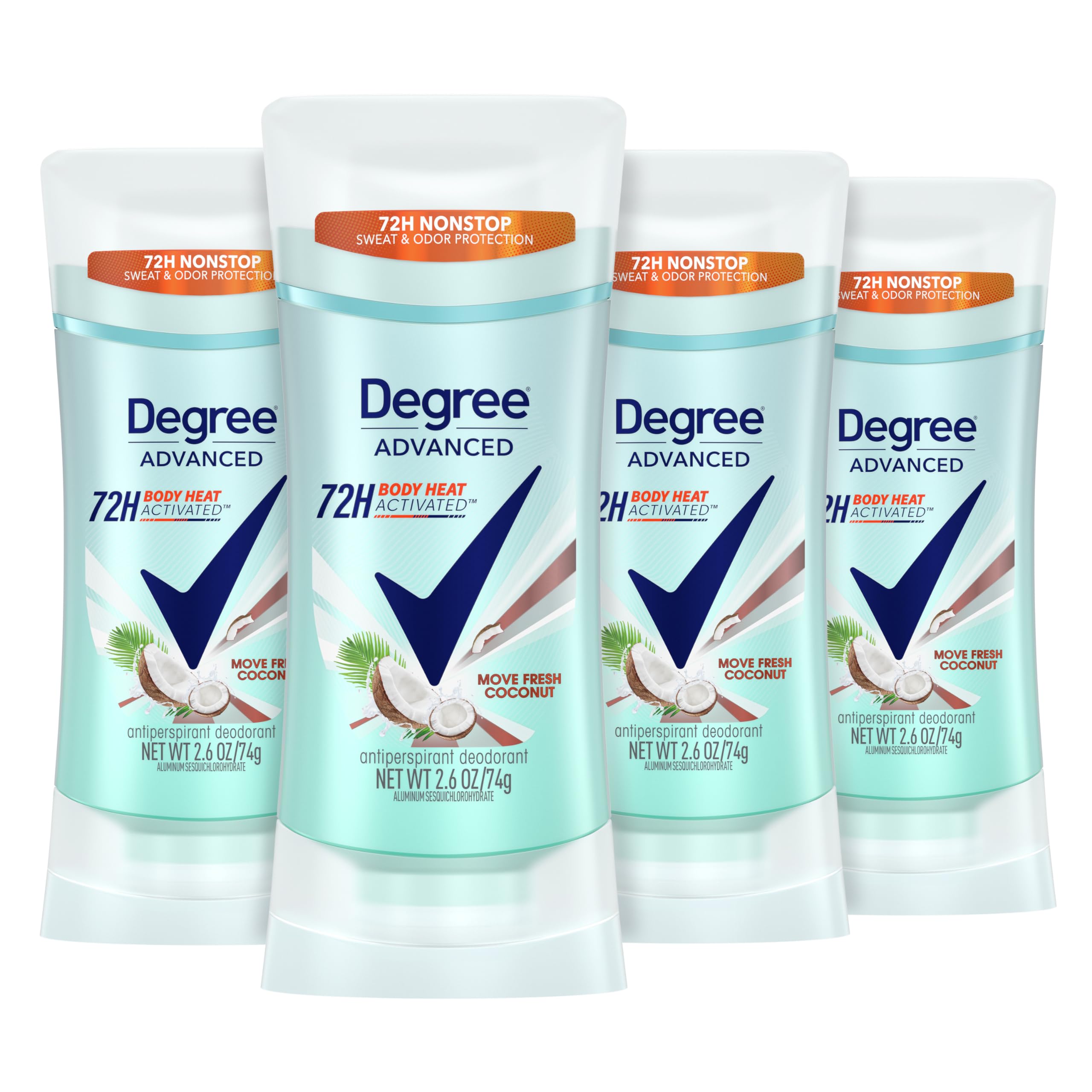 Degree Advanced Antiperspirant Deodorant Move Fresh Coconut 4 Count 72-Hour Sweat & Odor Protection Antiperspirant for Women with MotionSense Technology 2.6 oz