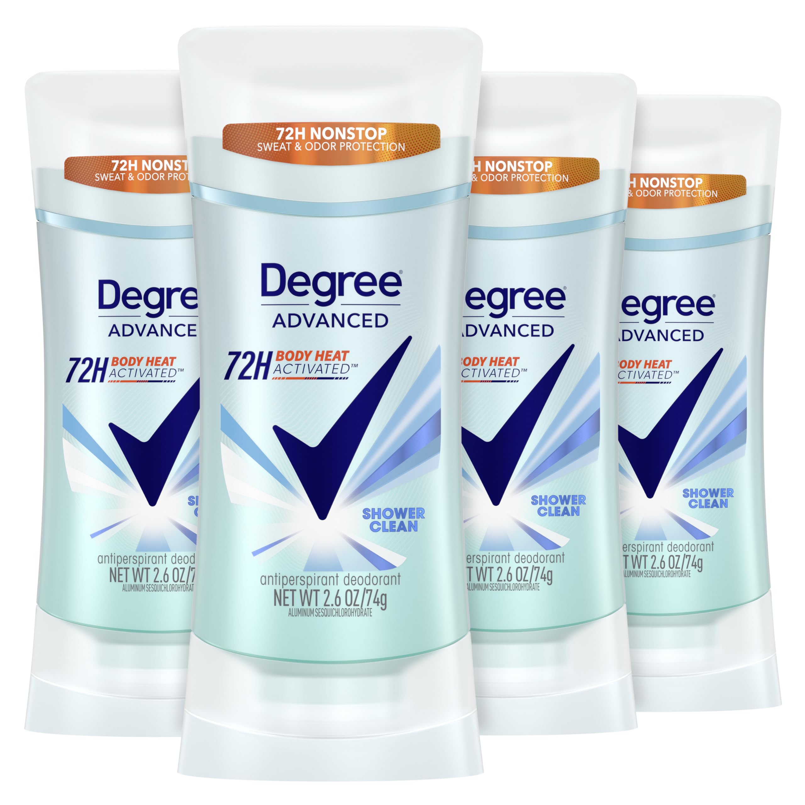 Degree Advanced Antiperspirant Deodorant 4 count 72-Hour Sweat & Odor Protection Shower Clean Antiperspirant for Women with MotionSense Technology 2.6 oz