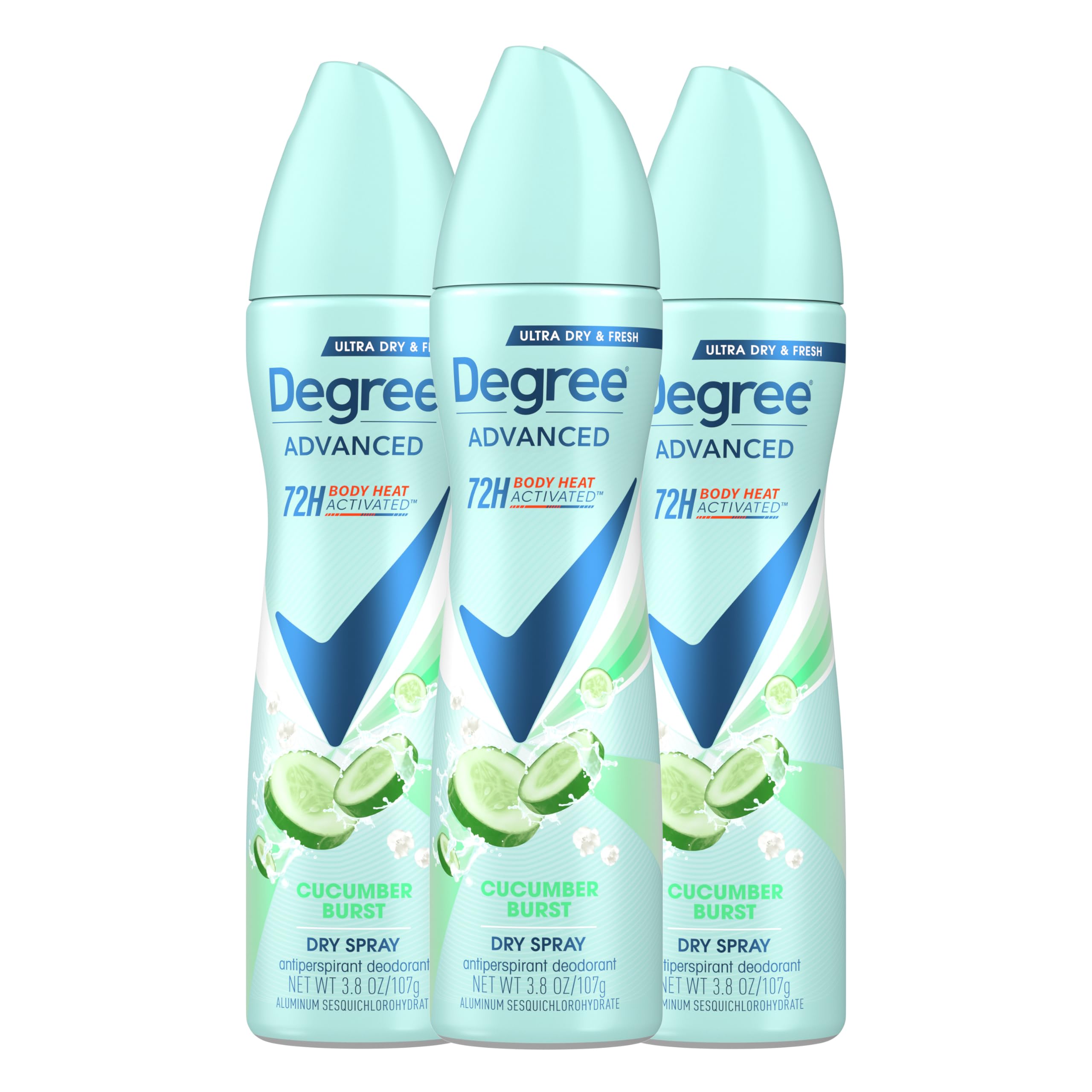 Degree Antiperspirant Deodorant Cucumber Burst 3 count Dry Spray 72-Hour Sweat & Odor Protection Deodorant Spray For Women With Body Heat Activated Technology​ 3.8 oz