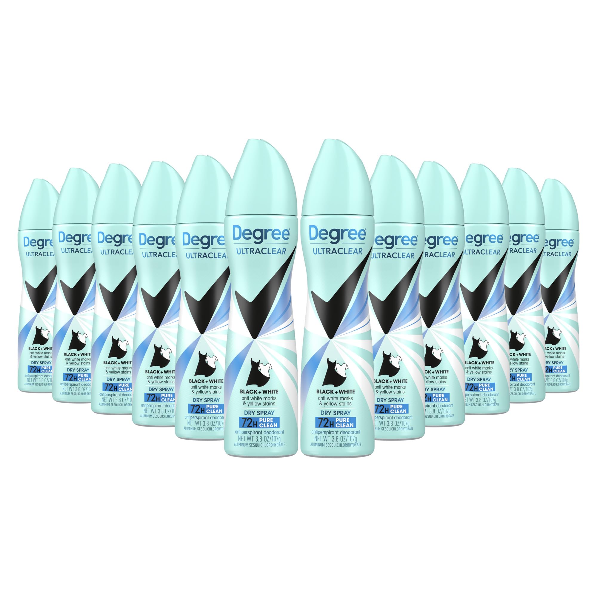 Degree UltraClear Black+White Antiperspirant Deodorant Dry Spray Anti-White Marks and Yellow Stains Pure Clean Antiperspirant for Women 3.8 Ounce (Pack of 12)