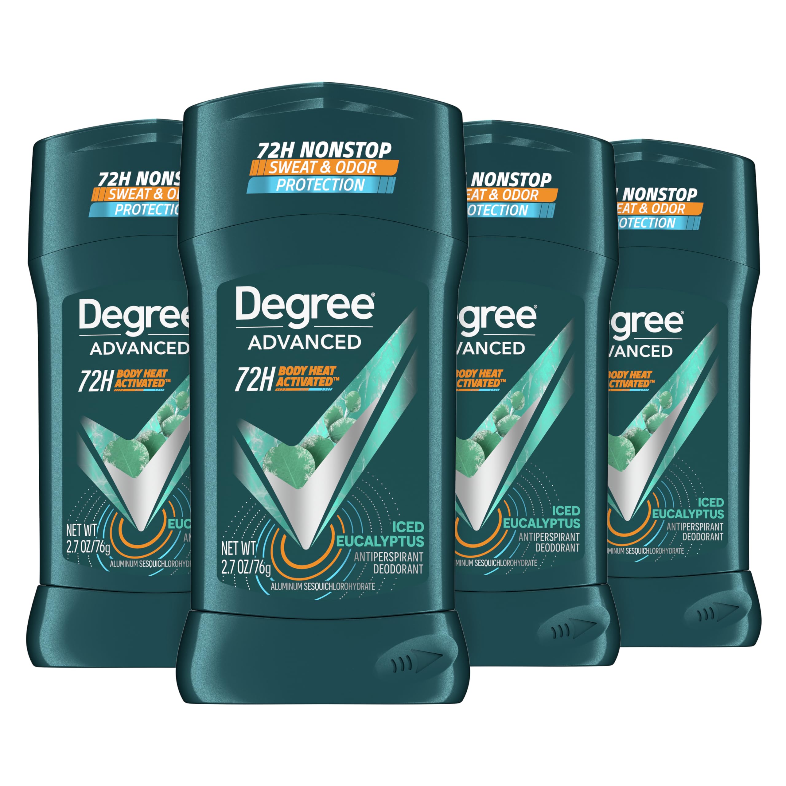 Degree Men Advanced Antiperspirant Deodorant Stick Ice Eucalyptus 4 Count 72-Hour Sweat and Odor Protection Deodorant for Men with Body Heat Activated Technology 2.7 oz