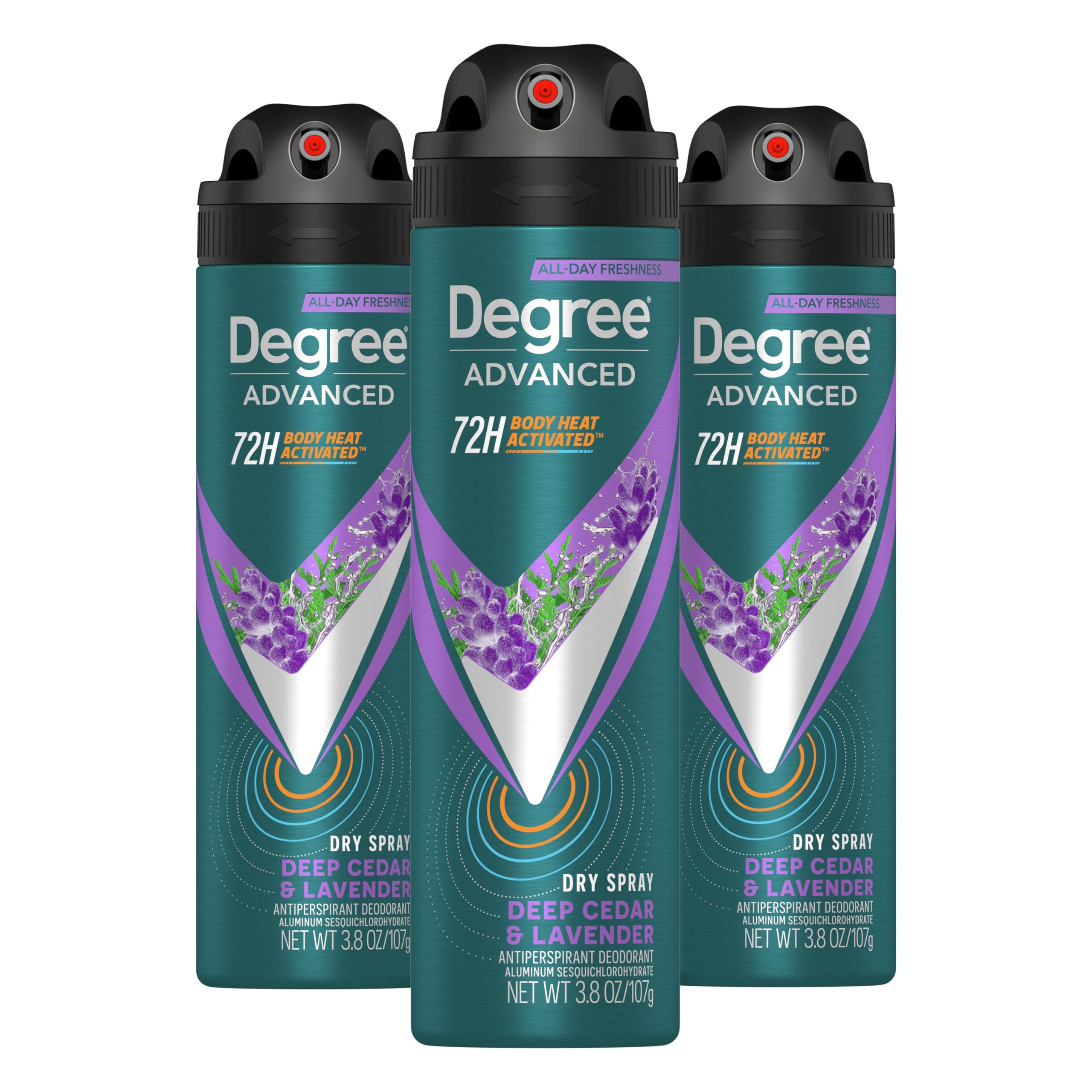 Degree Men Advanced Antiperspirant Deodorant Dry Spray Deep Cedar & Lavender 3 Count 72-Hour Sweat and Odor Protection Deodorant for Men With Body Heat Activated Technology 3.8 oz